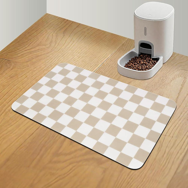 CooRug Checkered Pet Feeding Mat, Absorbent Dog Mat for Food and Water Bowls Dispenser 12" x 20" Khaki