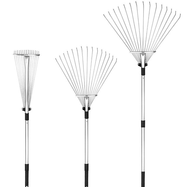 Buyplus Adjustable Garden Leaf Rake - 24 to 63 Inch Telescopic Metal Rake, Expandable Folding Leaves Rake for Lawn Yard, Flowers Beds and Roof, Black