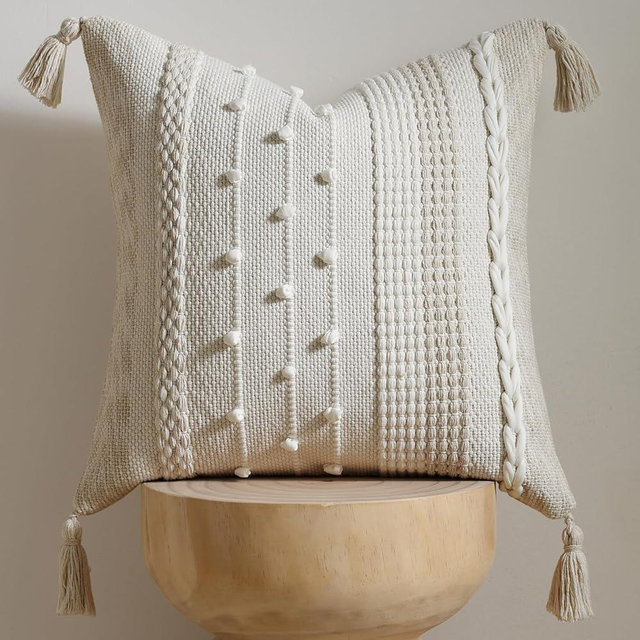 DEZENE Boho Pillow Cover 18x18 Beige - Handmade Woven Textured Throw Pillow Case with Cordings & Tassels, Decorative Accent for Couch Sofa Bed Farmhouse Living Room Bedroom Home Decor