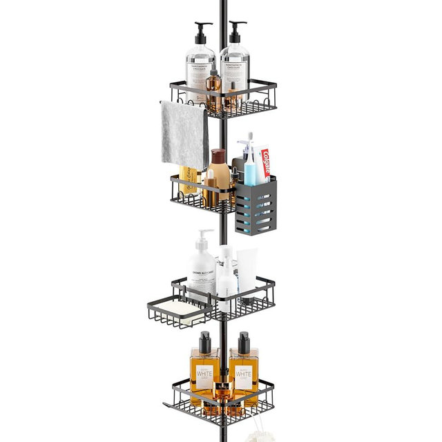 ksdenuov Corner Shower Caddy Tension, Adjustable 34-101 Inches Shower Caddy Tension Pole, 4-Tier Rust-Resistant Freestanding Shower Caddy With Rod, Suitable for Bathtub and Shower Organizer - Black