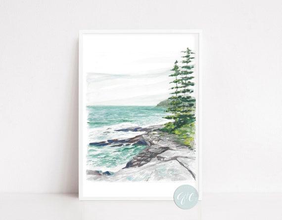 Maine, Acadia National Park, Seascape, landscape, art print, watercolor art print, printed art, modern, illustration, blue