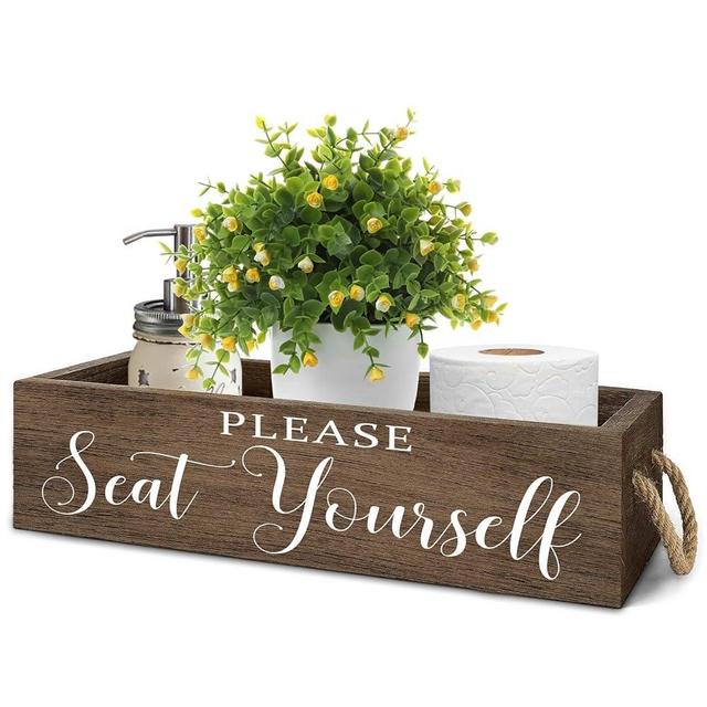 Ywkuiev Bathroom Toilet Paper Storage Basket Wash Your Hands Funny Rustic Sign White Double Sided Wooden Tank Box with Rope Handle Farmhouse Washroom Wash Basin Balcony Decor (Wash Your Hands Brown)