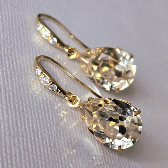 Champagne Gold Crystal Earrings, Teardrop Crystal Wedding Earrings, Champagne Small Dangle Bridal Earrings Bridesmaid Prom Champagne Jewelry