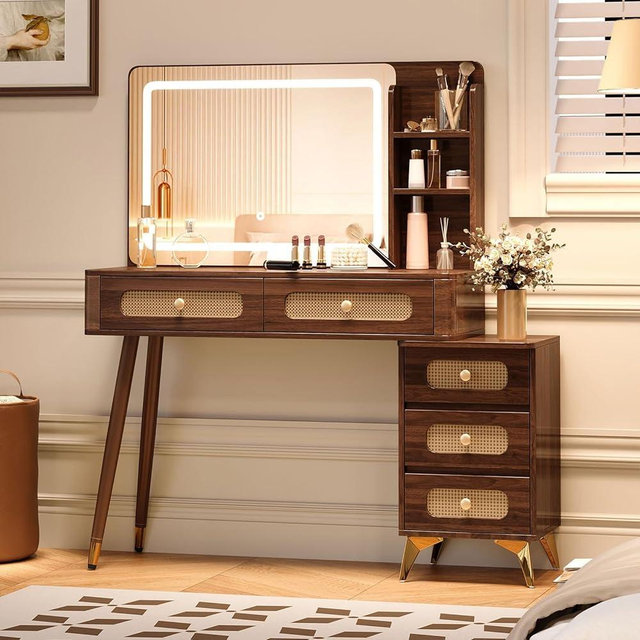 47''Vintage Vanity Desk, Makeup Vanity with Mirror and 3 Color Modes Lights,Wooden Dressing Table Set for Bedroom with 5 Drawers and Storage Shelf, Small Girls Vanity for Women (Dark Walnut)