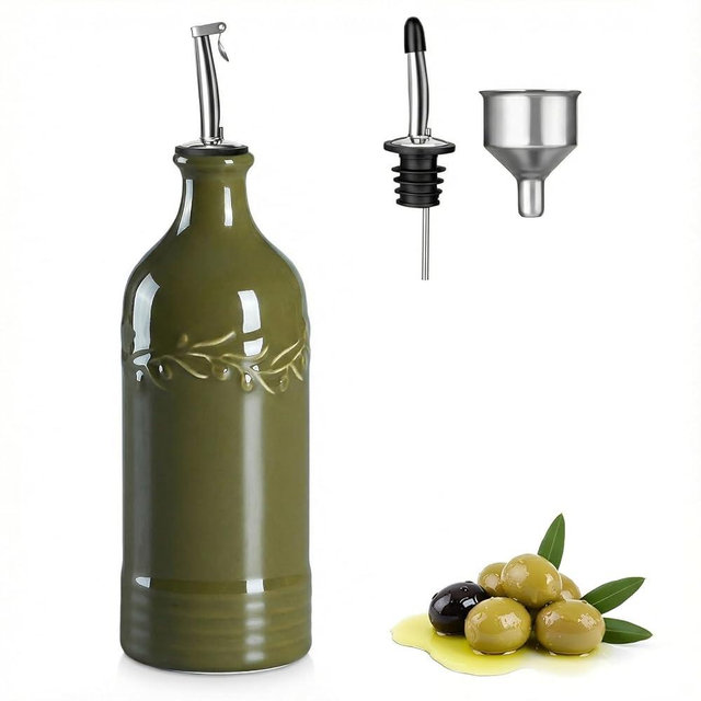 ONEMORE Ceramic Olive Oil Dispenser Bottle with Pour Spouts & Funnel, 17 oz Refillable Kitchen Oil Dispenser for Cooking, Drizzling, Dressing, Modern Leakproof Oil and Vinegar Dispenser, Olive Green