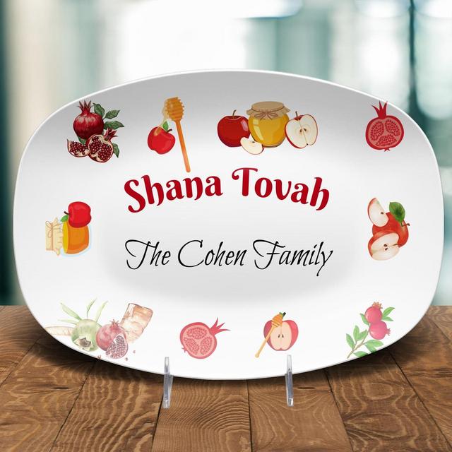 Shana Tovah Personalized Red Jewish New Year Symbols Platter, Rosh HaShanah Keepsake, Yom Tov Gift