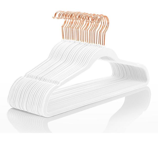 MIZGI Premium Velvet Hangers (Pack of 50) Heavyduty - Non Slip - Velvet Suit Hangers White - Copper/Rose Gold Hooks,Space Saving Clothes Hangers