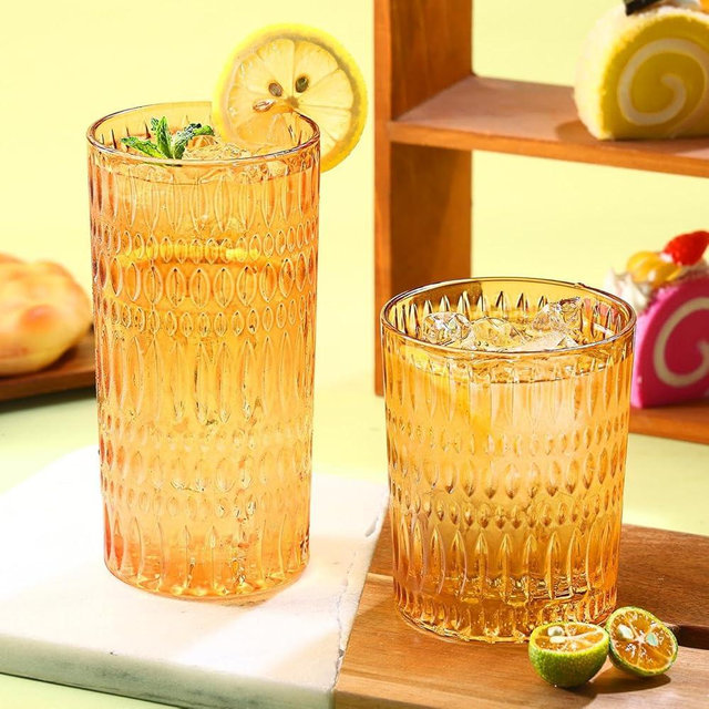 Loivttvv Glassware Drinking Glasses Set of 8, 14 oz Highball Glasses & 10 oz Ribbed Glass Cups, Vintage Glassware for Water, Juice, Cocktail, Whiskey (Amber)