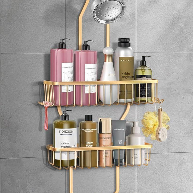 MSAICOE Shower Caddy Hanging - Never Rust Shower Hanging Organizer - Aluminum Over the Shower Head Caddy with 6 Hooks for Razor/Sponge - Shower Rack with Soap Basket (Gold)