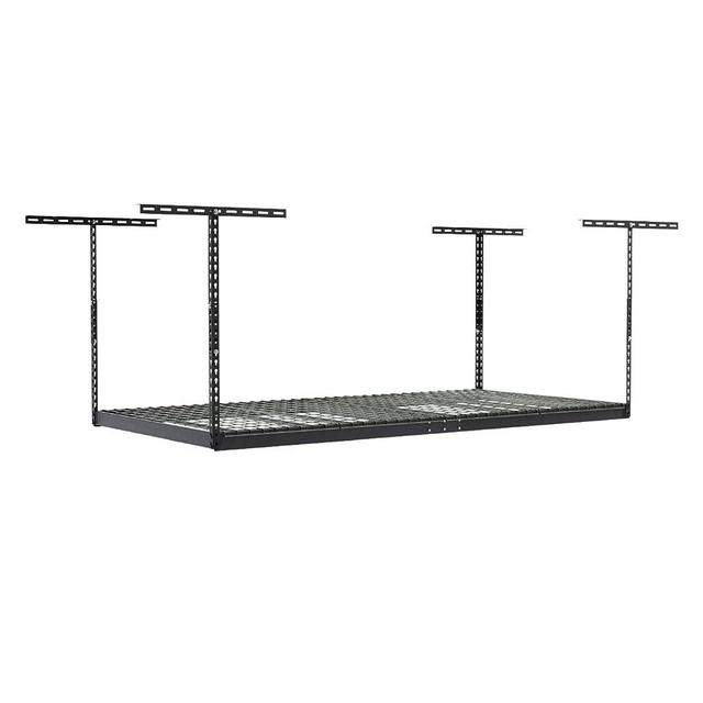 MonsterRax 4 x 8 Overhead Garage Storage Rack - Ceiling Mounted Shelving, Adjustable Height Hanging Platform, 8 Hooks for Bikes, Equipment & Accessories (Hammertone, 18"- 33" adjustment)