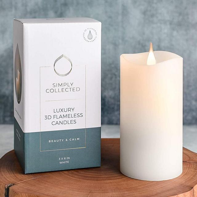 Simply Collected | 3D Flickering Flameless Candles Battery Operated | 800+ Hours Bright Warm-White Flame - 360 Degree Wax Pillar | Large Battery Operated Candles with Timer | LED – White, 3x6 inches