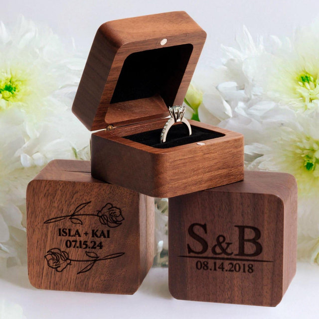 Personalized Walnut Wood Ring Box - Custom Engraved Wedding Ring Holder, Engagement Gift