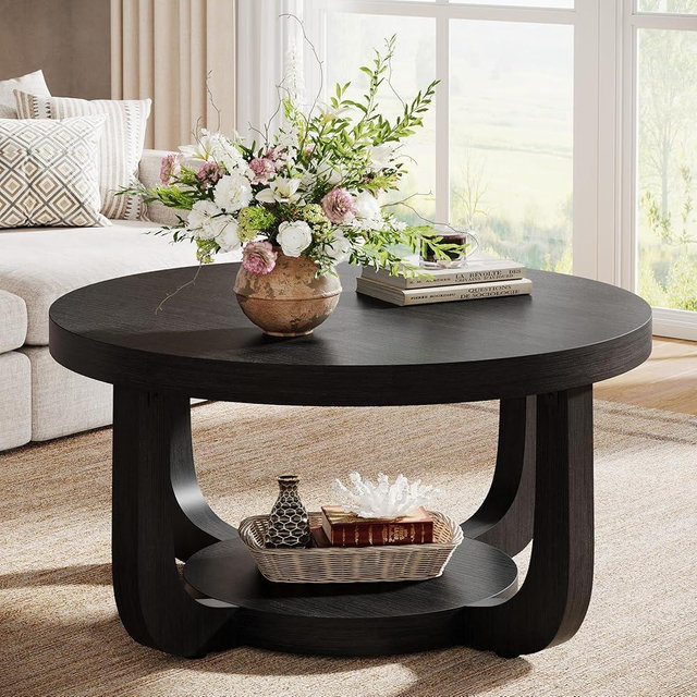 Tribesigns Round Coffee Table, 2-Tier Circle Coffee Table with Storage, Modern Wooden Accent Center Table for Living Room, Thick Tabletop & Base, Black