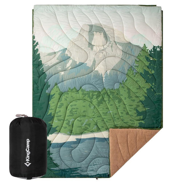 KingCamp Large Camping Blanket with Sherpa Lining, Packable Down Alternative Puffy Printed Wearable Blanket with Snap Buttons, Warm Weatherproof Quilt for Outdoor Travel (79" L x 57" W, Green)