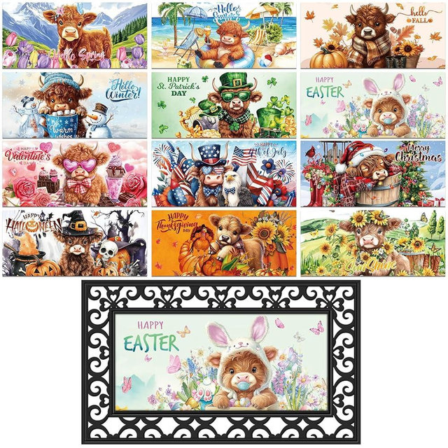 Nuanchu Seasonal Door Mat Interchangeable Doormat Inserts Entrance Welcome Mats 22 x 10 Inches Non Slip Mats Gifts for Front Door Irish Easter Spring Decoration (No Frame)(Cow)