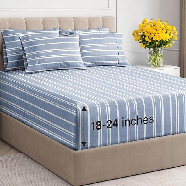 Extra Deep Cal King Sheet Set - 6 Piece Breathable & Cooling Sheets - Hotel Luxury Bedding Set w/18-24 Inch Extra Deep Pockets - Easy Fit, Soft, Wrinkle Free and Comfy - Blue Stripes, Cal King Size