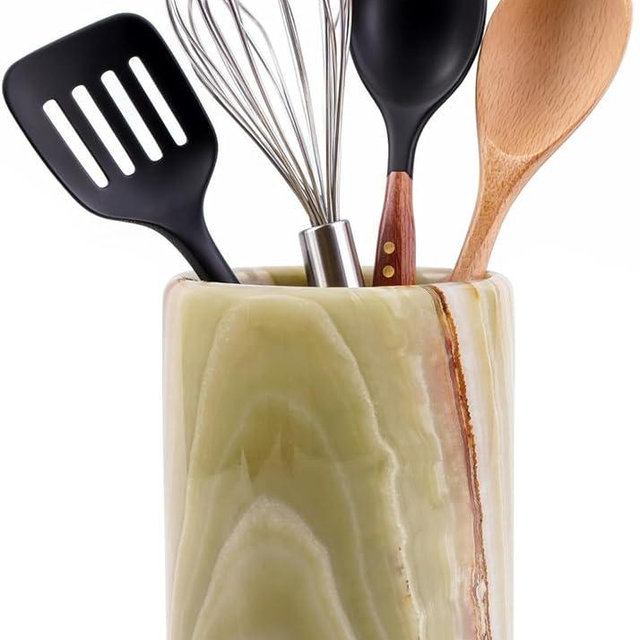 SPESHSTONES Marble Utensil Holder 6.5 Inch Green Wooden Cooking Utensils Set & Spatula Organizer for Kitchen Counter, Stone Utensil Crock & Caddy for Spoon Holder & Farmhouse Decor