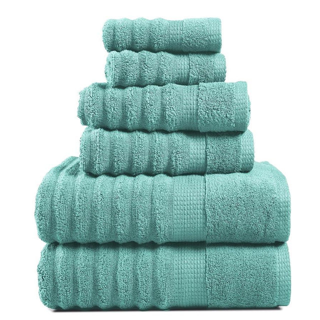 LANE LINEN Luxury Ribbed Bath Towels - 100% Cotton Towels for Bathroom, Zero Twist, Soft Textured, Extra Absorbent, Quick Dry, 2 Bath Towels, 2 Hand Towels, 2 Wash Cloths (6 Piece Set) - Aqua Sky