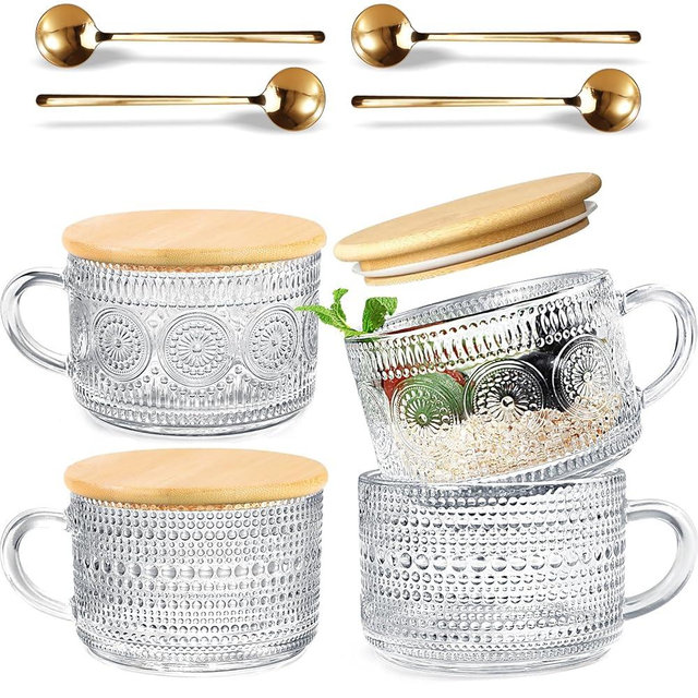 HAPTIME 4 Pcs Vintage Coffee Mugs - 14oz Clear Glass Tea Cups with Lids and Spoons - Ideal Iced Coffee Cups for Housewarming Gifts & Coffee Bar Accessories