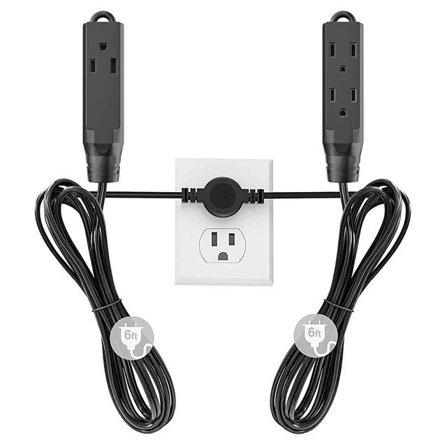 Twin Extension Cord Power Strip, 12 Feet Double Extension Cord - 6 Feet On Each Side,16AWG 3 Prong Grounded Plug - 6 Outlets, Flat Head (Wall Hugger) Outlet Plug for Indoor Use