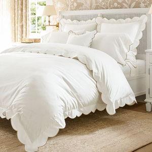 Scalloped Embroidered Duvet Cover, White/Flax, Full/Queen