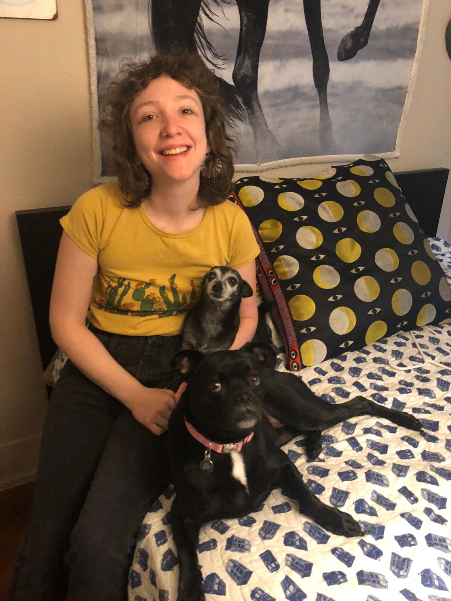 Bridesmaid Sarah with our dogs Allister and Olive.
