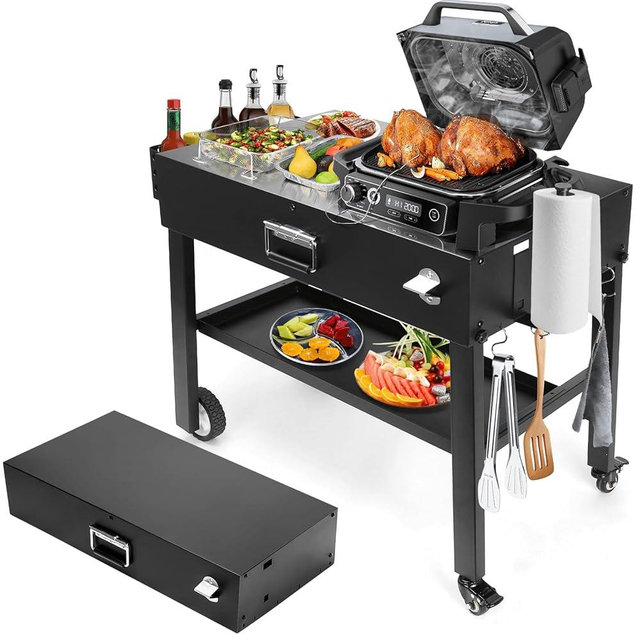 Hisencn Foldable Grill Table Cart for Ninja Woodfire OG700, Blackstone Griddle, Weber, Ooni Pizza Oven – Portable Outdoor BBQ Prep Stand with Caddy, Ideal for Camping and Tailgating