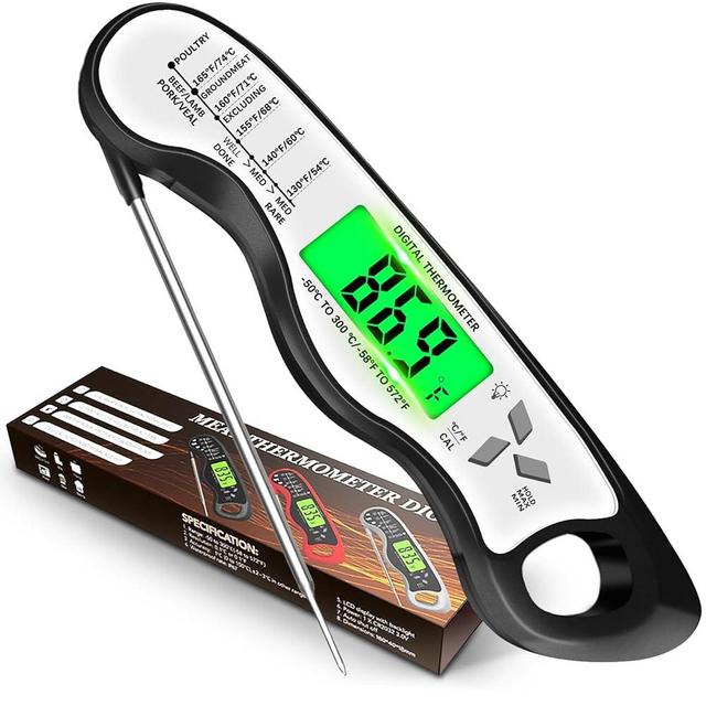 Cooking Thermometer，IP67 Waterproof Digital Meat Thermometer with Backlight, Calibration & Hold Function，Food Thermometer for Cooking,Outdoor Grilling,Candy Making (White)