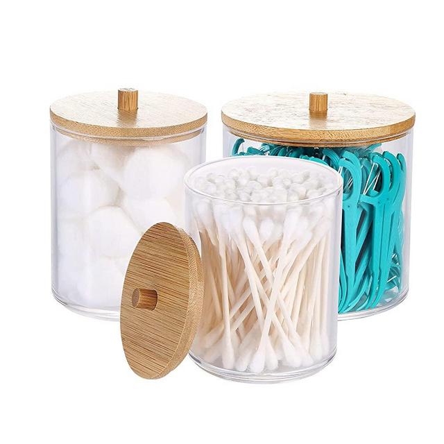 DoMiDoLa 3 Pack Acrylic Qtip Holder Dispenser for Cotton Ball Pad Round Swab Holder,Clear Plastic Apothecary Jars for Bathroom Canister Accessories Storage Organizer and Vanity Makeup Organizer
