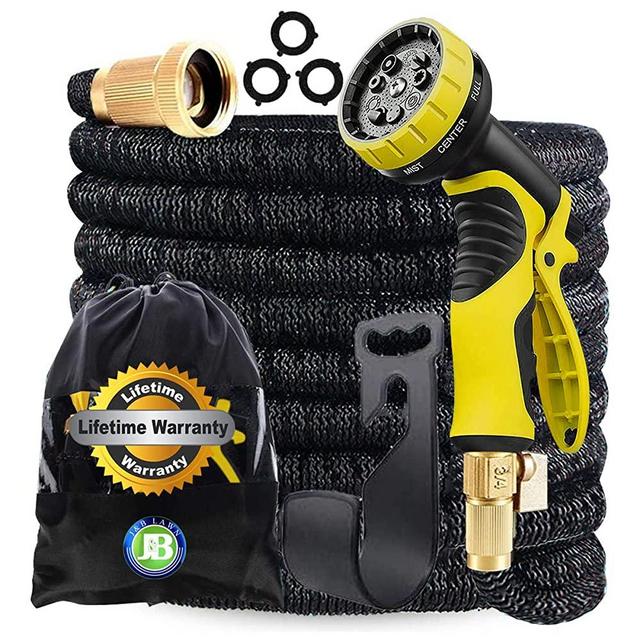 J&B XpandaHose 75ft Expandable Garden Hose with Holder - Heavy Duty Superior Strength 3750D - 4 -Layer Latex Core - Extra Strong Brass Connectors and 10 Spray Nozzle w/Storage Bag (Black 75)