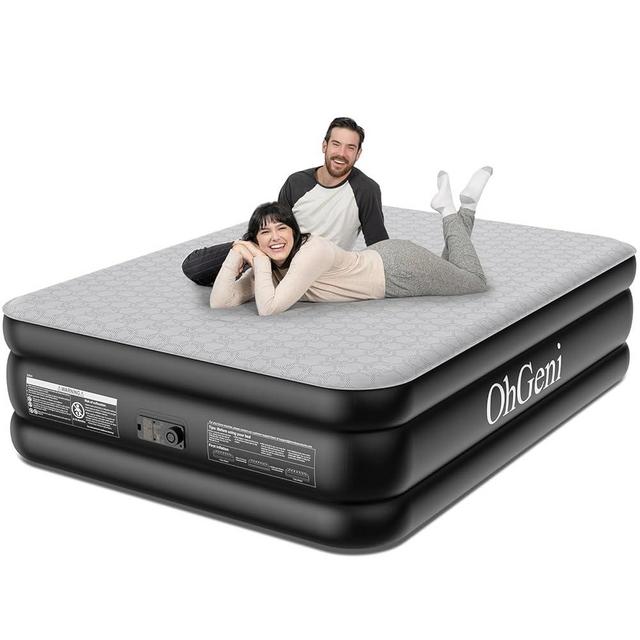 OhGeni Queen Air Mattress with Built-in Pump, 18" Raised Inflatable Bed, Silk Foam Topper for Superior Comfort, Premium Blow Up Mattress for Home, Camping & Guests, Easy Setup, Extra Support, Black