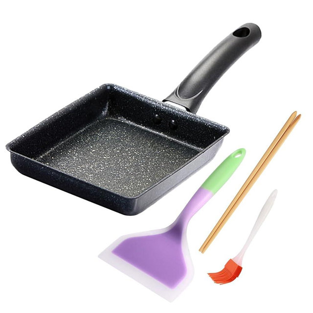 LOQJSS Tamagoyaki Pan Non Stick Japanese Omelette-Pan,Cast Iron Rectangle TamagoPans Small FryingPan, Tamagoyaki Eggs-Pans-Omelette-Pans - with Silicone Brush, Chopsticks & Spetula