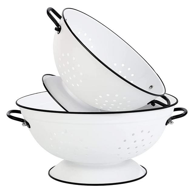 Metal Colander Set of 2, Strainer Basket with Handles perfect for Spaghetti, Pasta, Berry, Vegetable, Fruit, Solid Base Powder Coated Self-draining Kitchen Colander Bowel, 3.5 & 5 Qt,MatteWhite