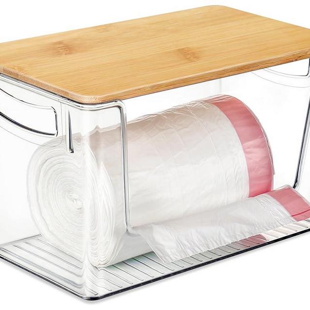 Extra Large Trash Bag Holder with Lid, Hudgan Acrylic Garbage Bag Dispenser with Handles for Kitchen Countertop, Under Sink