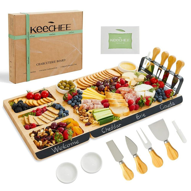 Keechee Charcuterie Boards Gift Set: Large Bamboo Cheese Board Set with Chalkboard Edge & Forks Set - Ideal for Housewarming, Weddings, Bridal Showers, and Unique Gifts for Mom