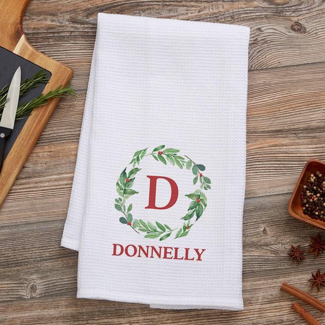 Watercolor Wreath Waffle Weave Kitchen Towel