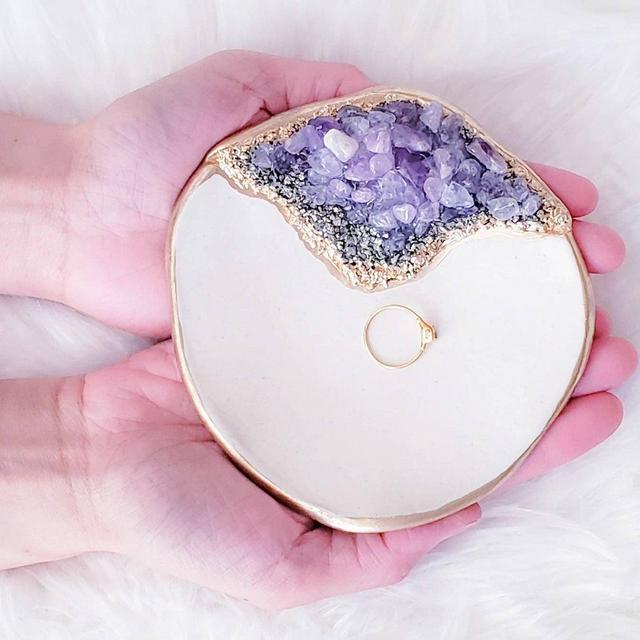 Large Ring Dish Mother's Day Gift for Her Jewelry Trinket with Real Crystals, Desk Decor, Jewelry Dish, Gift for Mom, Wedding Gift for Bride