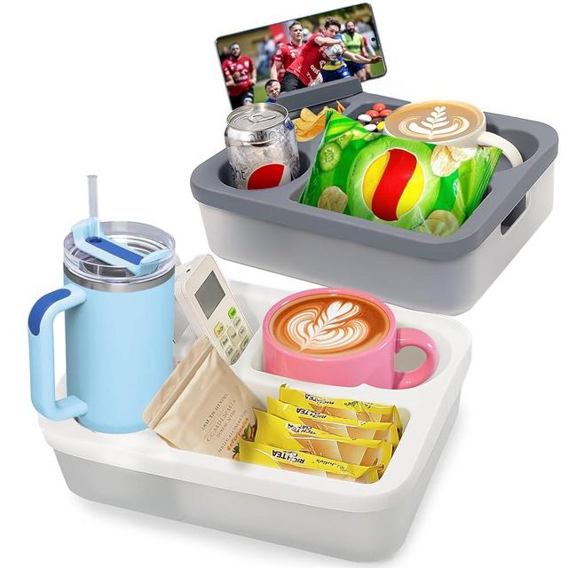 DZYYZD Modern Couch Caddy, 2 Pack Couch Organizer Caddy, Gray & White, Anti-Spill Cup Holder for Snacks, Beverages, Remote, Phone, Tablet