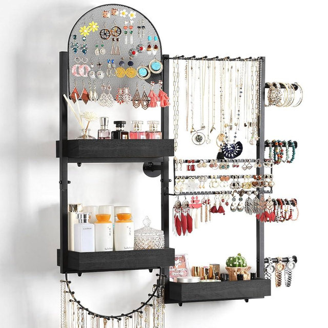 Keebofly Wall Mount Hanging Jewelry Organizer - Large Display Holder for Earrings, Rings, Necklaces, Bracelets, Watches and Perfume - Black