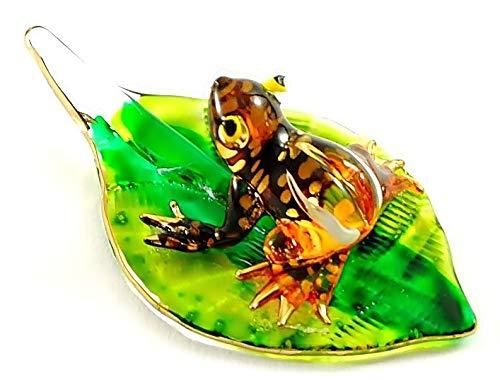 Handmade Mini Orange Frog with Leaf Art Glass Blown Animal Figurine No.1 - Model Y2016