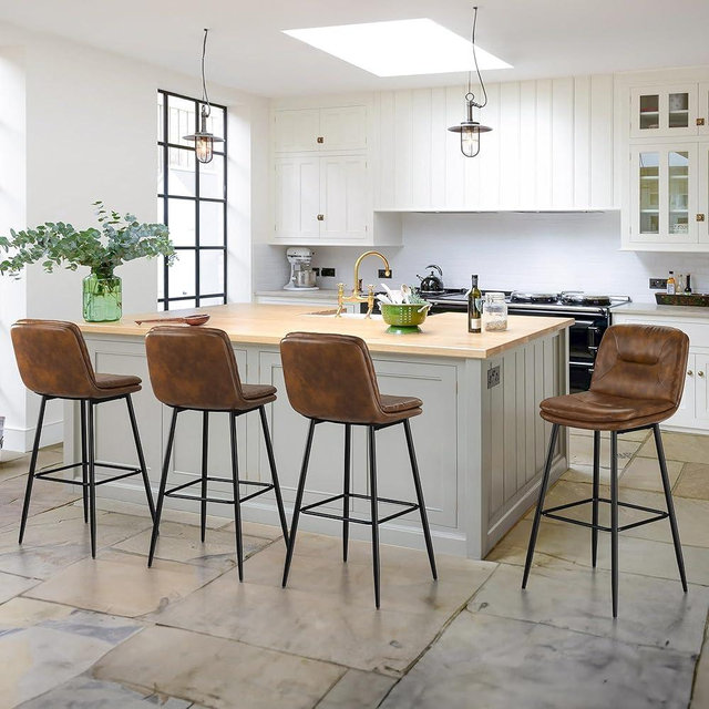 Cozyman Double-Layer Bar Stools Set of 4, Upholstered Bar Height Stools for Kitchen Island Pub, Faux Leather Barstools with Backs, 30 Inch Bar Stool Chairs, Yellowish Brown