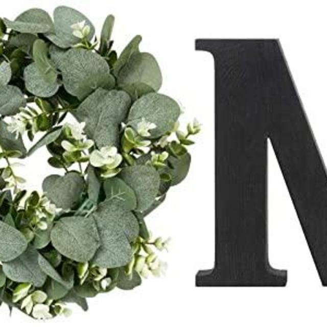 Mkono Wall Hanging Wood Home Sign with Artificial Eucalyptus for O Rustic Wooden Home Hanging Letters Decorative Wall Decor Signs for Living Room House,Black, 9.8''H x 8.5''W