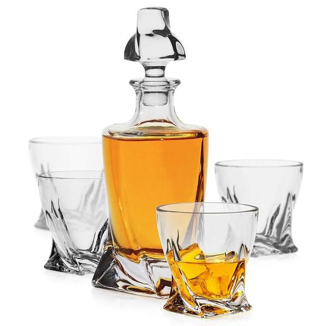 LUXU Whiskey Decanter Set,Premium 1 Twisted Whiskey Decanter (25oz) with 4 Twisted Whiskey Glasses(10oz) for Liquor Scotch Bourbon Vodka Brandy or Wine