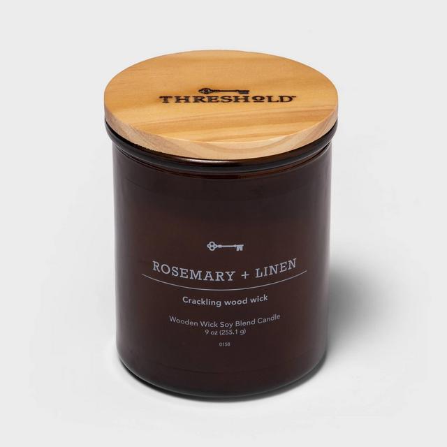 9oz Lidded Amber Glass Jar Crackling Wooden Wick Rosemary and Linen Candle - Threshold™