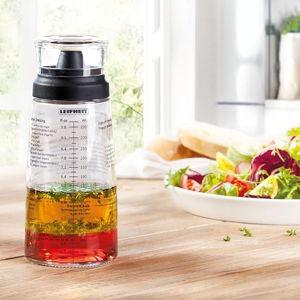 Leifheit Glass Salad Dressing Bottle 10 oz – Durable Eco-Friendly Glass with Leakproof Plastic Lid, Non-Drip Spout, Built-In Recipe Guide, Dishwasher Safe, German Design – Black