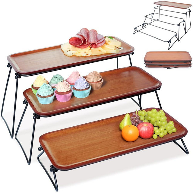 FINESSY 3 Tier Serving Tray, Dark Bamboo Tiered Tray Stand, Cake Stand & Cupcake Holder, Buffet Risers Serving Platters, Dessert Table Display Set, Charcuterie Board Set for Party Hosting Essentials