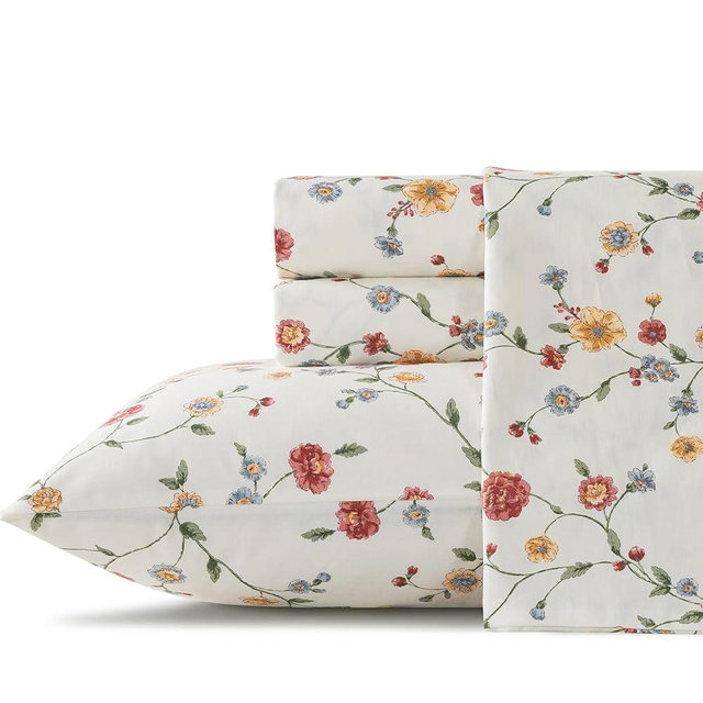 Zusbest Queen Sheet Set 100% Percale Cotton Off White Floral Bed Sheet Set, Brushed for Extra Softness, Breathable Luxury Flannel Sheets Like Pink Flower Print Deep Pocket Sheets 17.5'' 4 Pcs