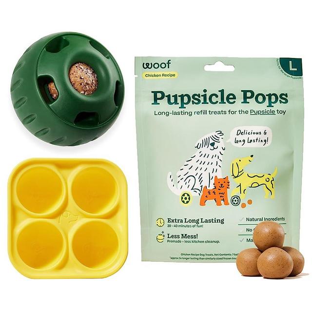 WOOF Starter Pack - Pupsicle, Treat Tray Mold and Pupsicle Pops Chicken - Fillable Dog Treat Ball, Silicone Molds for Dog Treats and Pre-Made Refill Treats - for Large Dogs 25 lbs and Up