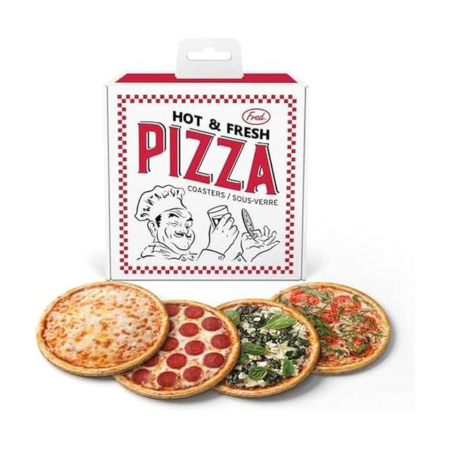 Genuine Fred HOT and Fresh Pizza Coasters, Set of 4 Realistic Pizza Style Drink Coasters, MDF and Cork, Packed in Authentic-Looking Mini Pizza Box, Fun and Functional Table Protection, Great Gift