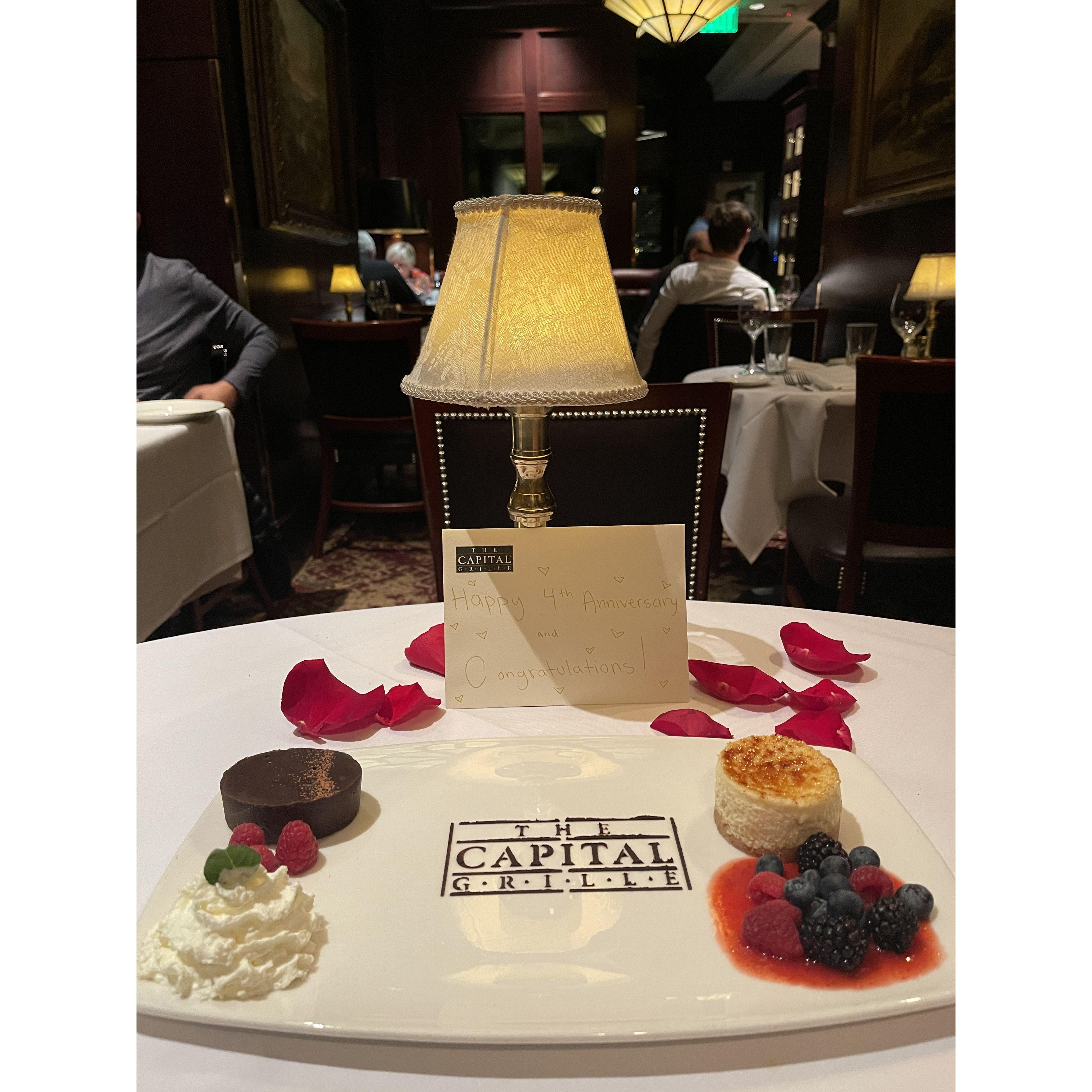 Complimentary dessert and champagne toast for our engagement!